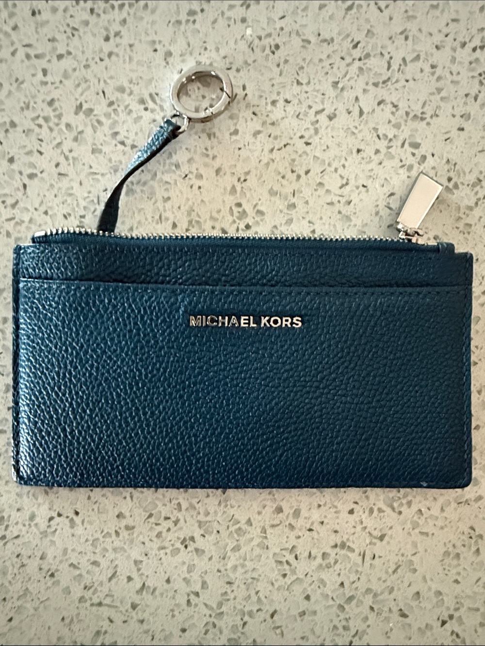 Michael Kors Teal Pebbled Leather Zip Card Pouch with Key Ring